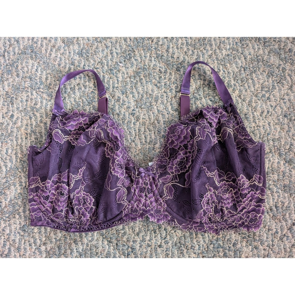 Cacique Unlined Balconette Bra 42H Purple Floral Lace Corset Side Lace Up 584364